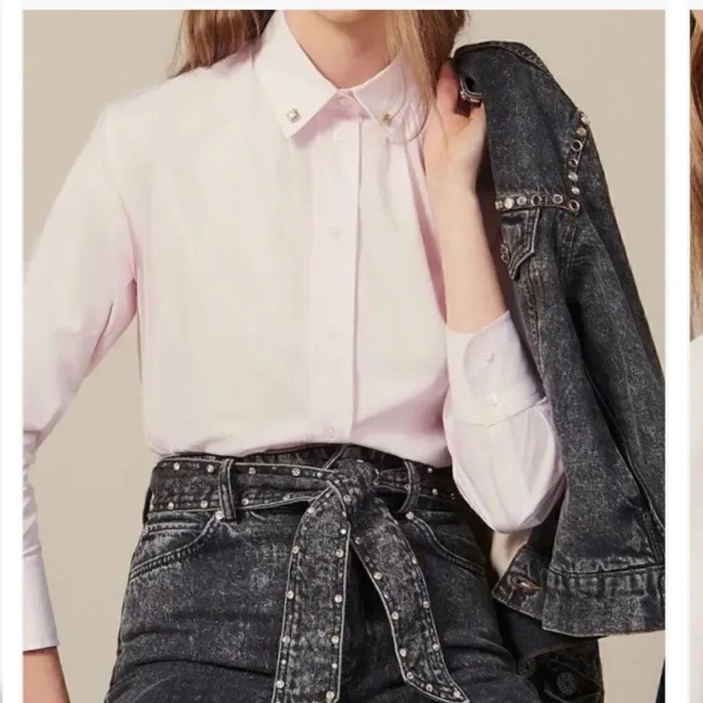 Sandro Women Shirt  French Casual Sz 0 Pink And White Striped Jeweled Button NWT